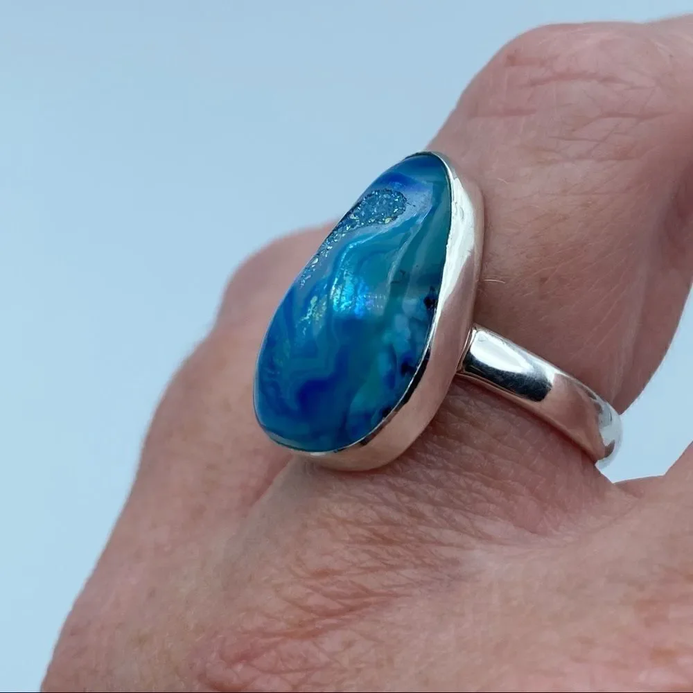 Marine Blue Aura Druzy Sterling Silver Ring Jewelry Size 9